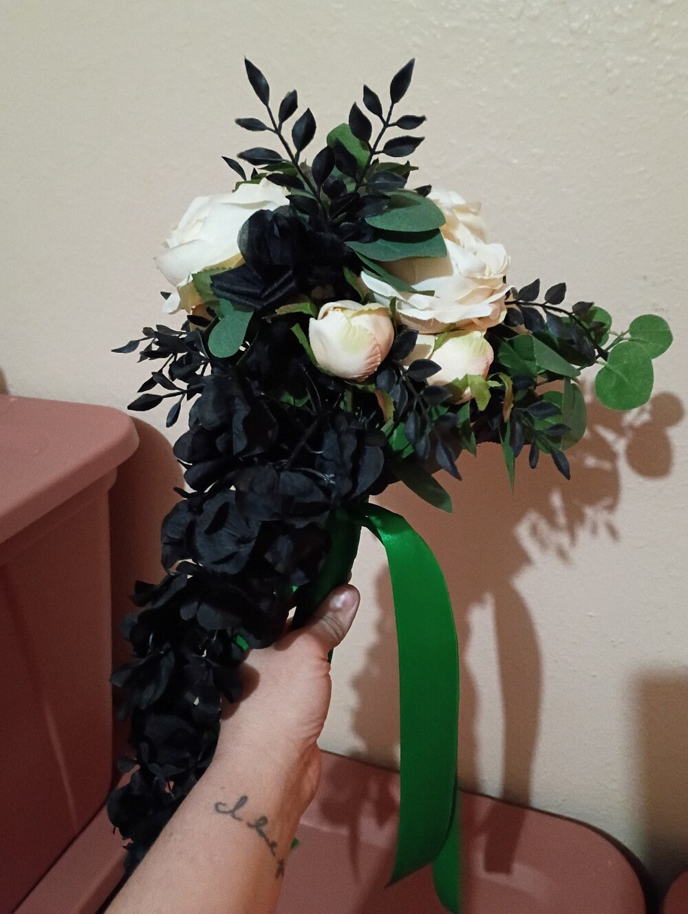Ivory & Black Cascading Floral Bouquet with Green Ribbon
